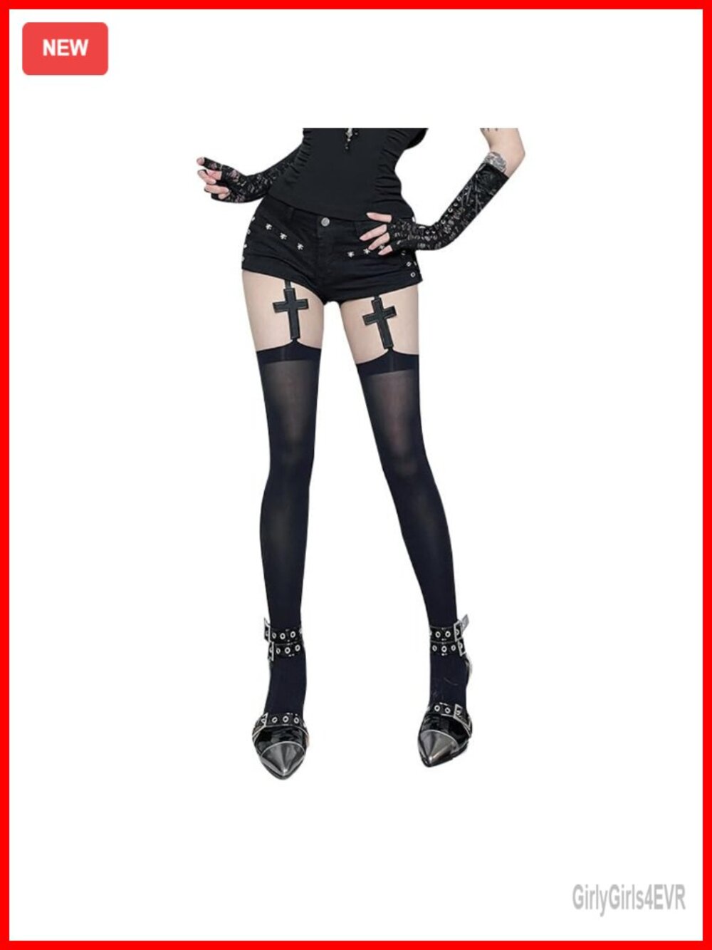 Gothic Cross Thigh High Stockings Sheer Suspender Tights
